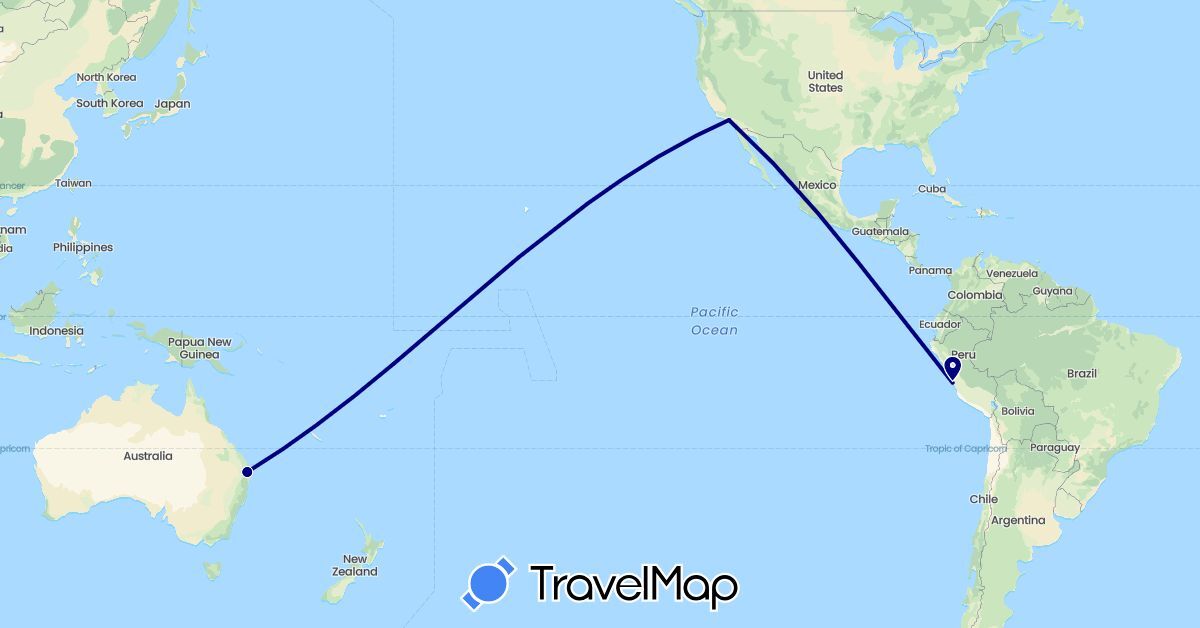 TravelMap itinerary: driving in Australia, Peru, United States (North America, Oceania, South America)