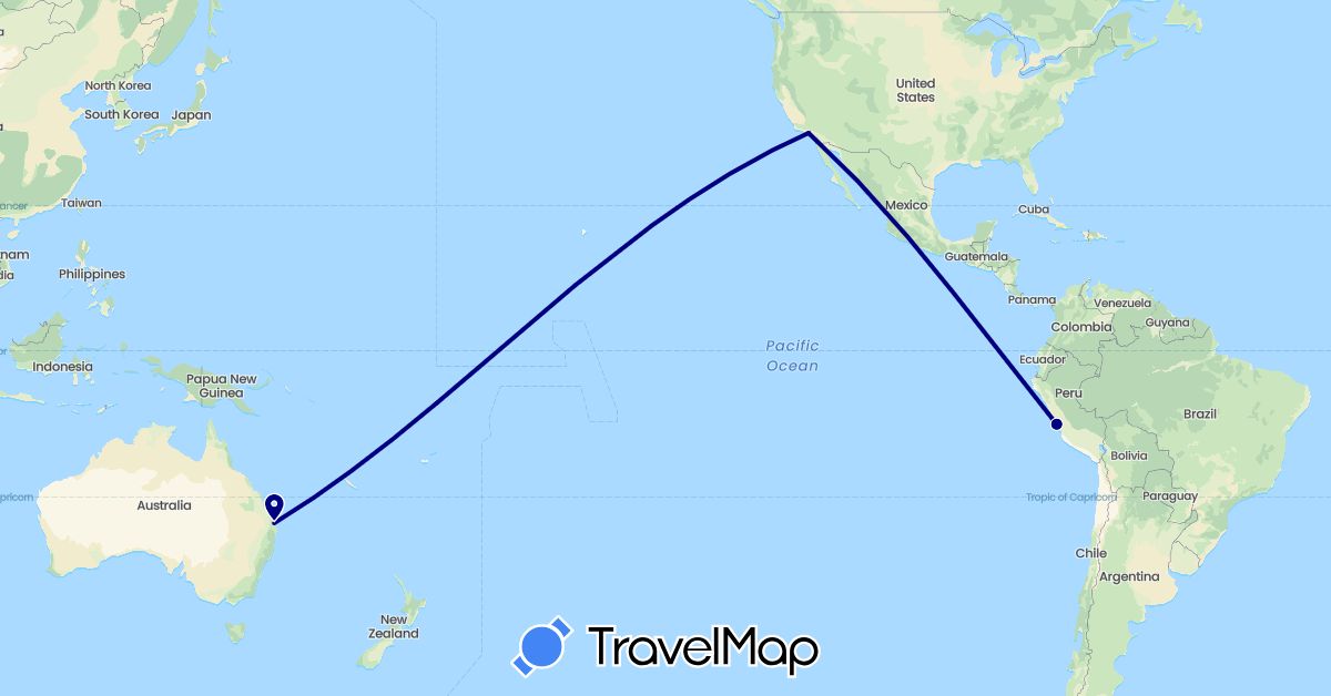 TravelMap itinerary: driving in Australia, Peru, United States (North America, Oceania, South America)