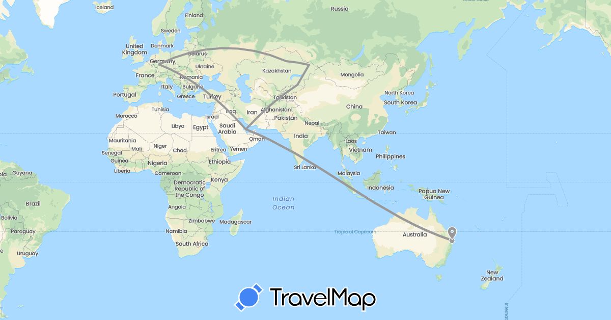 TravelMap itinerary: driving, plane in Australia, Germany, Kazakhstan, Qatar (Asia, Europe, Oceania)