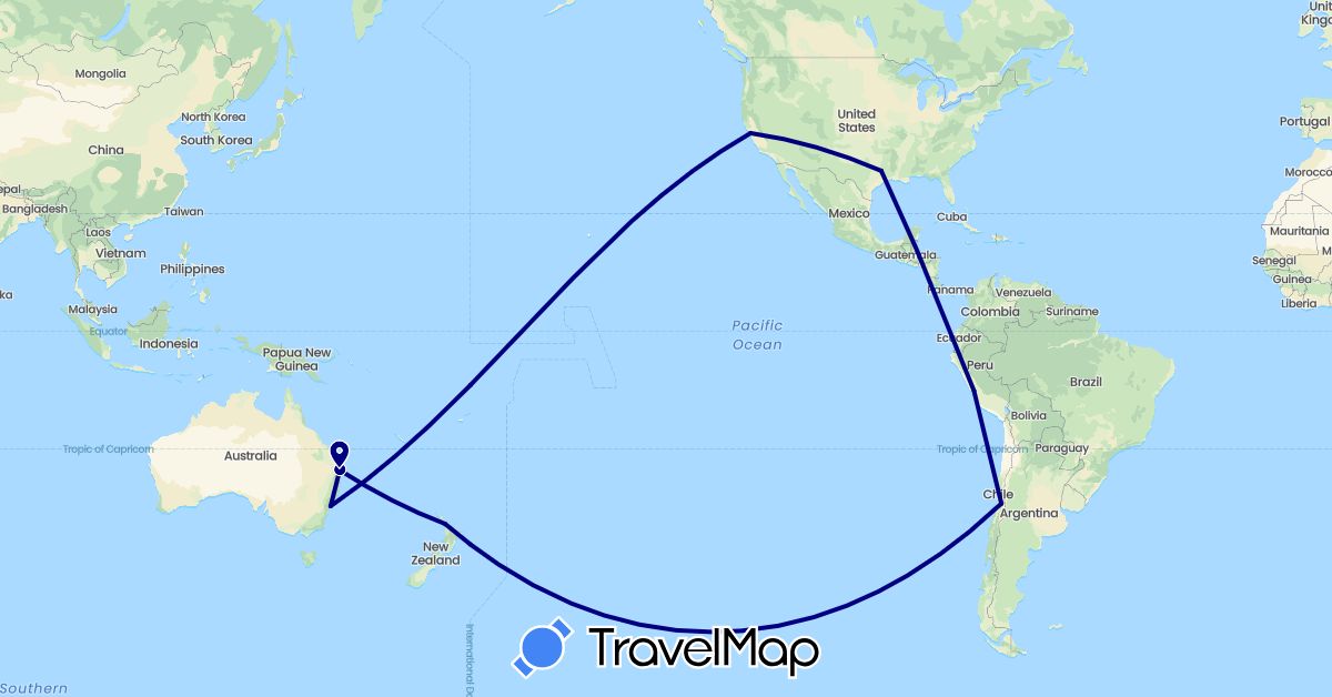 TravelMap itinerary: driving in Australia, Chile, New Zealand, Peru, United States (North America, Oceania, South America)